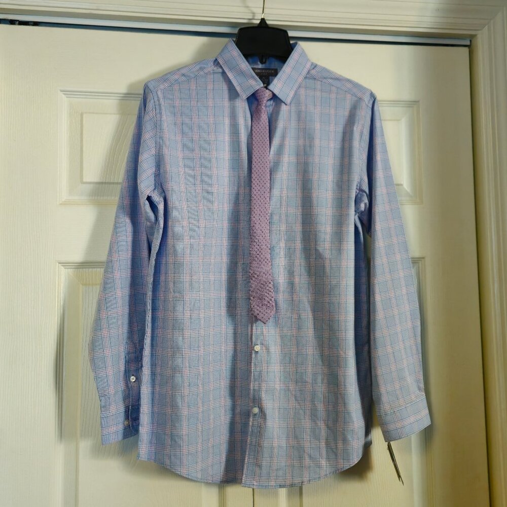 Van Heusen Boys Long Sleeve Shirt & Tie Set Size 18/20 Husky Pink & Blue